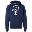 A warm navy hoodie with the word Italy on it, perfect for showing support during rugby matches - the Nations of Rugby Italy Rugby Hockey Hoodie by WRS Alpha Broder.