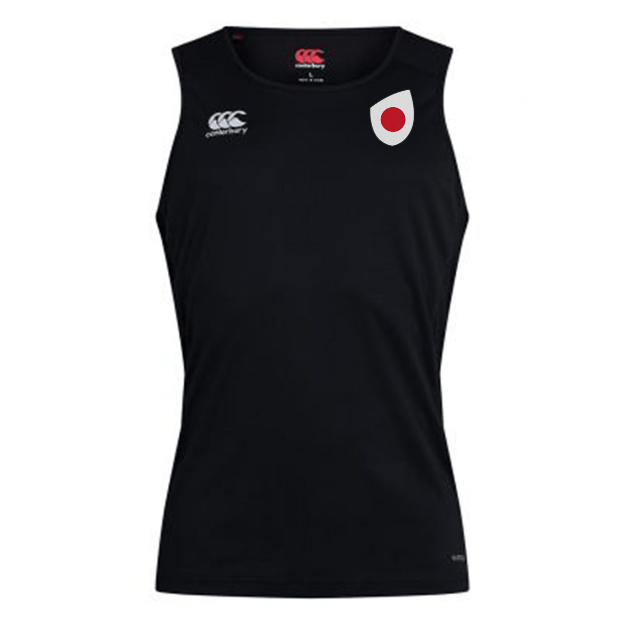 Black sleeveless rugby jersey featuring the EMB Canterbury logo and a Japan Shield Club Dry Singlet logo on the chest, displayed on a plain background.