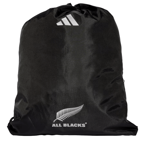 The All Blacks Gymsack 24/25 by adidas, made from robust polyester, features the classic "ALL BLACKS" text and silver fern logo along with an adidas emblem at the top.