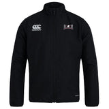 A black Jacksonville Women's Rugby Club Track Jacket by EMB Canterbury with a standing collar. This lightweight jacket features the Canterbury logo on the right chest, an embroidered badge on the left chest, and the word "Waimak" on the lower left. It is also water repellent for added practicality.