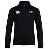 A black Jacksonville Women's Rugby Club 1/4 Zip Mid Layer Training Top by EMB Canterbury, featuring the Canterbury logo on the left chest and a small embroidered emblem on the right chest, perfect for rugby season.