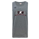 The Jacksonville Women's Rugby Tempo Vapodri Singlet by WRS Canterbury is a gray sleeveless sports shirt adorned with a "204" logo, two bridge designs, and the text "Jacksonville Women's Rugby." It is crafted from recycled polyester and offers superior comfort and performance with VapoDri technology, along with distinctive Canterbury branding.