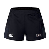 The Jacksonville Women's Rugby Women's Advantage Short 2.0 by EMB Canterbury features black athletic performance fabric with a small white logo on the right thigh and a small emblem on the left thigh, designed for maximum flexibility and crafted from sustainable activewear materials.