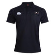 Jacksonville Women's Rugby Waimak Polo by EMB Canterbury, a black short-sleeved rugby shirt featuring a buttoned collar. It has a white Canterbury logo on the right chest and a small emblem on the left chest, made from a comfortable cotton-polyester blend.