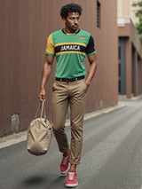 A man strolls down the street in an Admiral Nations of Rugby Jamaica Supporters Jersey, khaki pants, and red sneakers, effortlessly carrying a beige duffel bag.