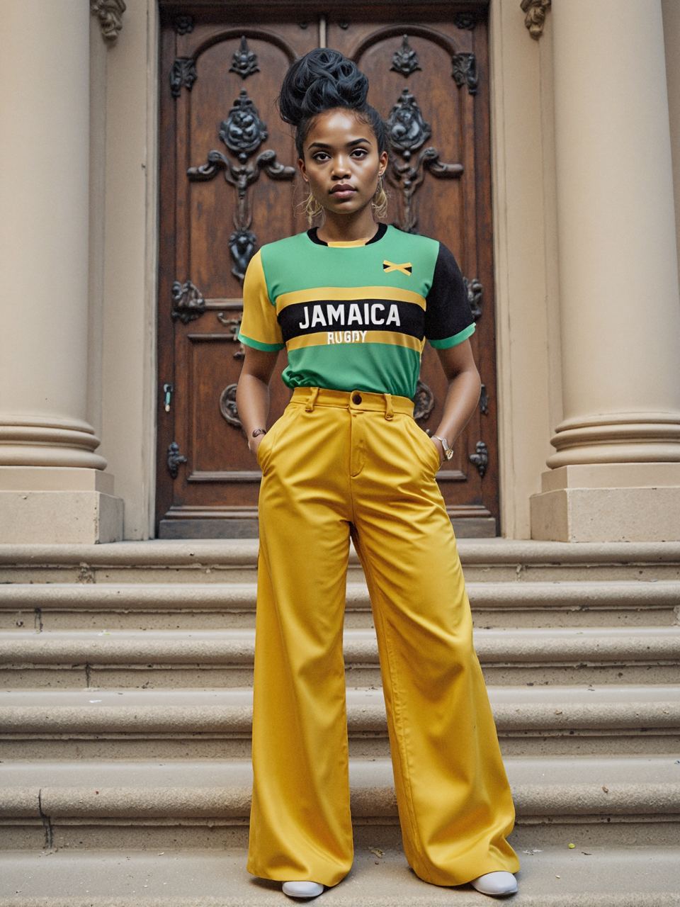 In front of a decorative wooden door, a person stands wearing Admiral's Nations of Rugby Jamaica Supporters Jersey and yellow pants, with arms relaxed at their sides.