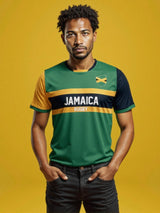 A man wearing a Nations of Rugby Jamaica Supporters Jersey by Admiral, with "Rugby Jamaica" displayed, stands against a yellow background, looking forward with hands in pockets.