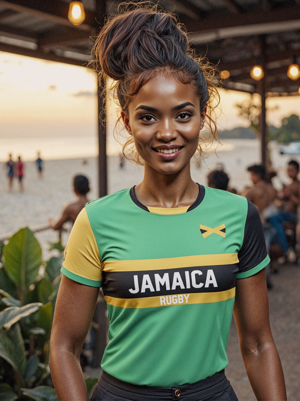 A smiling person proudly wears an Admiral Nations of Rugby Jamaica Supporters Jersey near a beach, showcasing their love for rugby and the tournament.