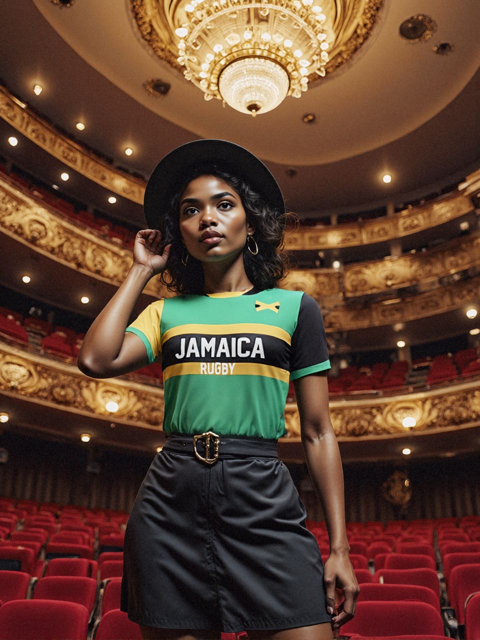 Wearing an Admiral Nations of Rugby Jamaica Supporters Jersey and a matching hat, someone stands proudly in an ornate theater adorned with red seats and a shimmering chandelier, capturing the vibrant spirit of the rugby nation.