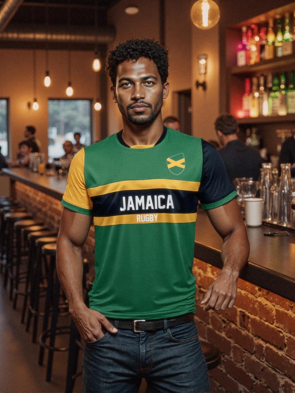 A man in an Admiral "Nations of Rugby Jamaica Supporters Jersey" leans against the dimly lit bar counter with exposed brick walls, surrounded by bar stools and softly glowing lights, proudly wearing his Nations of Rugby spirit.