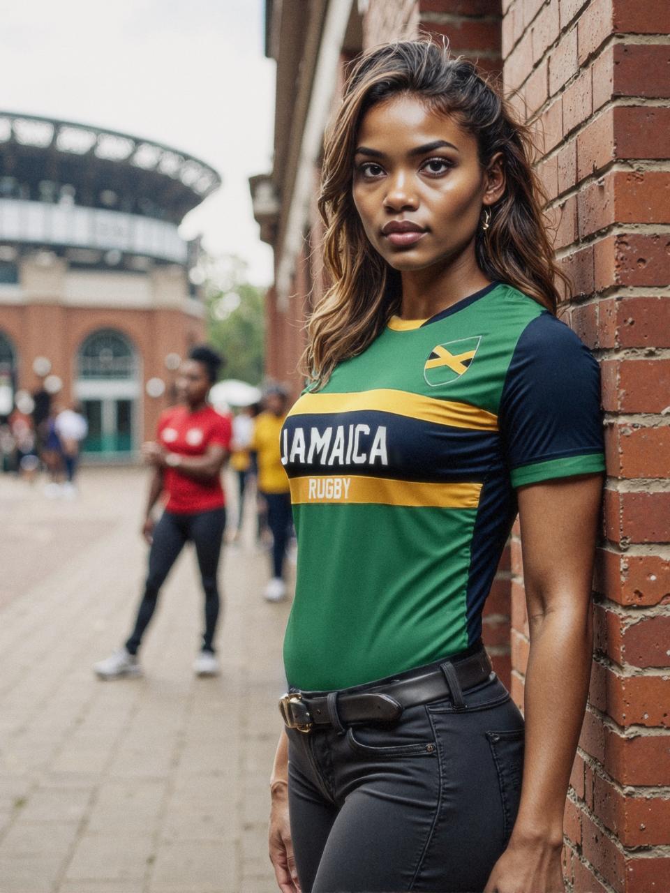 A person wearing an Admiral Nations of Rugby Jamaica Supporters Jersey in green and black leans against a brick wall, with the stadium visible in the background.