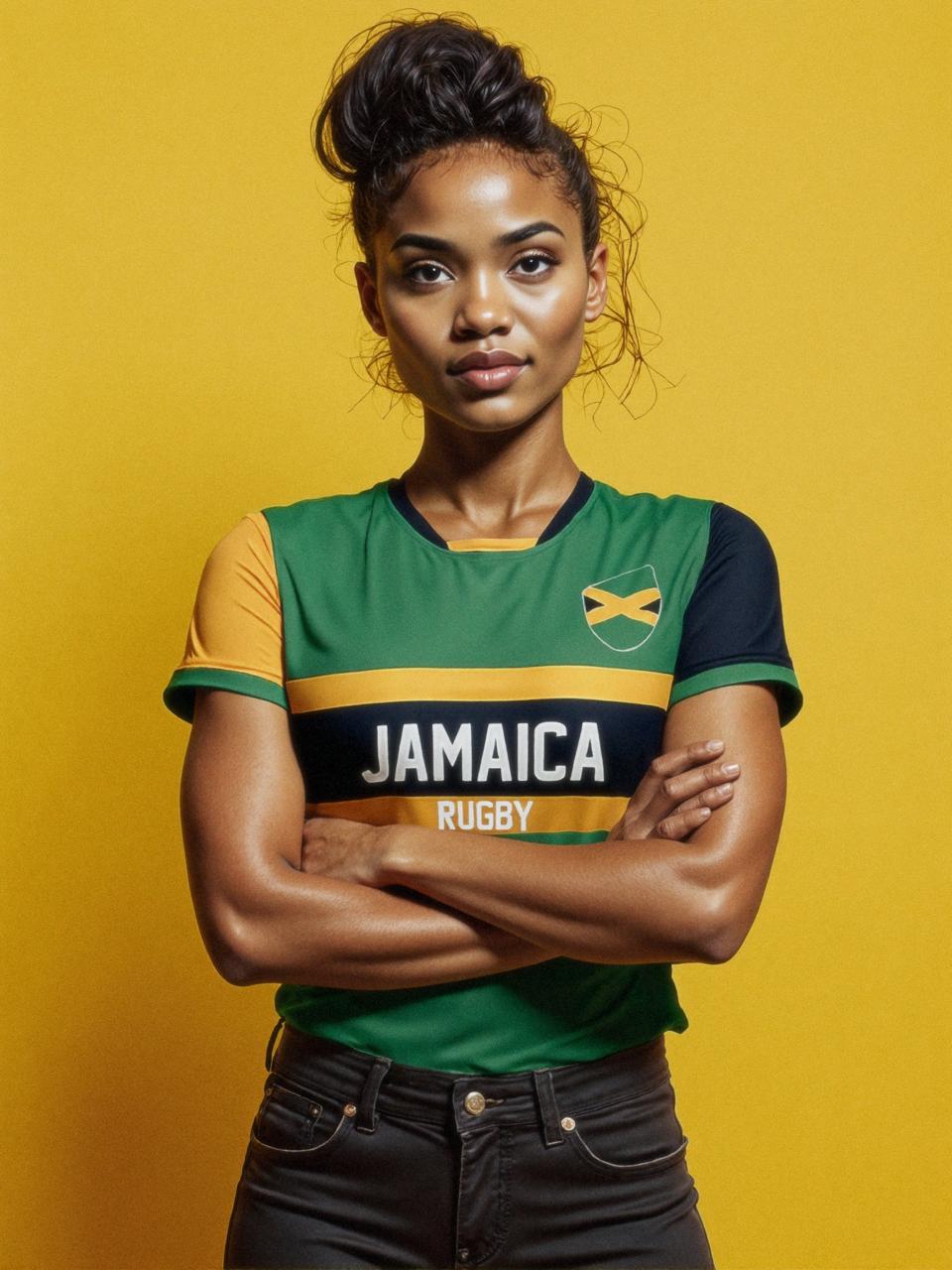 A person confidently stands with arms crossed in front of a yellow background, proudly wearing the Admiral Nations of Rugby Jamaica Supporters Jersey, featuring vibrant green with yellow, black, and orange accents.