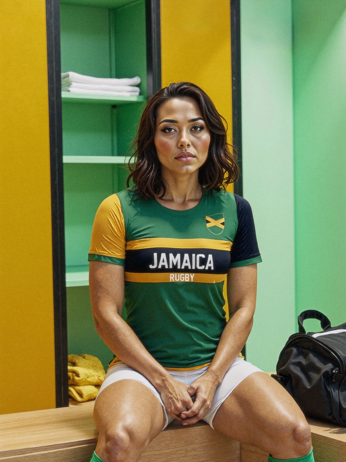 An individual wearing an Admiral Nations of Rugby Jamaica Supporters Jersey in vibrant green and yellow sits on a bench in the locker room, with a sports bag beside them.