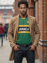 Wearing an Admiral Nations of Rugby Jamaica Supporters Jersey, a man in a brown coat and jeans stands confidently. Brick buildings and bustling crowds animate the scene behind him.