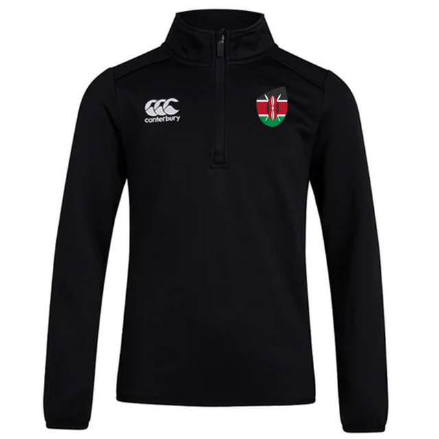 The Kenya Club Shield 1/4 Zip Training Top from EMB Canterbury features a 1/4 zip, Canterbury logo on the left chest, and a Kenyan flag emblem on the right, perfect for showing pride while staying comfortable.