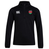 The Kenya Club Shield 1/4 Zip Training Top from EMB Canterbury features a 1/4 zip, Canterbury logo on the left chest, and a Kenyan flag emblem on the right, perfect for showing pride while staying comfortable.