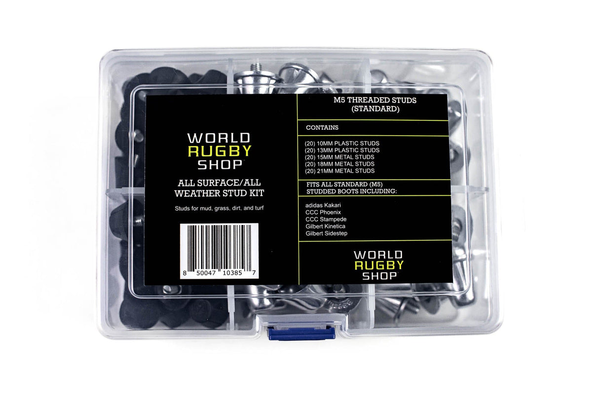 A clear plastic container of WRS All Surface/All Weather M5 Stud Kit screws designed for all surface applications, by Starlai Corp.