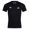 The Lindenwood University Rugby Club Dry Tee by EMB Canterbury showcases a white Canterbury logo on the right shoulder and a "Lindenwood" logo on the left chest. Equipped with Vapodri Technology, this black t-shirt offers exceptional breathability for optimal comfort and performance.