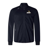 The black Lindenwood University Rugby Elite Windstopper Jacket by EMB Canterbury, made from lower impact materials, features a chest logo, weatherproof softshell design, side pockets, and a high collar.