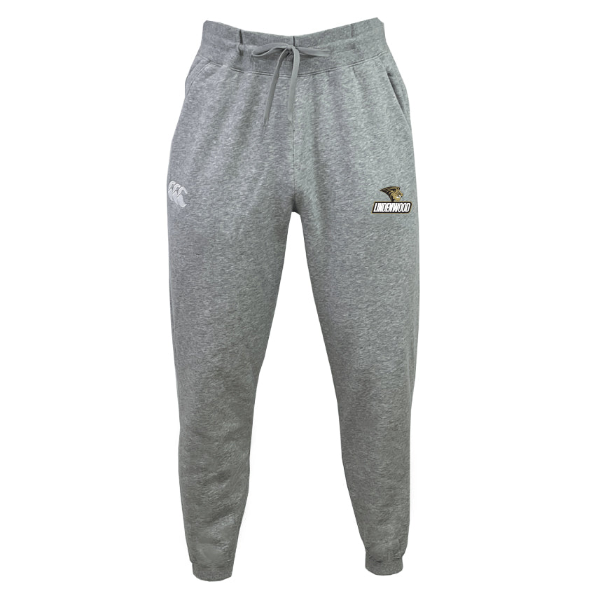 The EMB Canterbury Lindenwood University Rugby Leisure Sweatpant, made of organic cotton with a logo on the right thigh and a drawstring waist, is displayed against a white background.