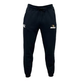 Made from sustainable fabric, the black Lindenwood University Rugby Leisure Sweatpants by EMB Canterbury feature a drawstring waist and embroidered logos on the upper thighs.