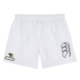 The EMB Canterbury Lindenwood University Rugby Tactic Shorts feature the Lindenwood logo on the left leg and a stylized claw design on the right, ideal for showcasing school spirit.