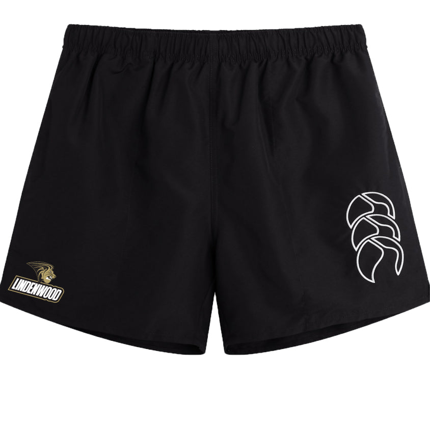 The EMB Canterbury Lindenwood University Rugby Tactic Shorts are black and feature a Lindenwood logo on the left with a white abstract design on the right.