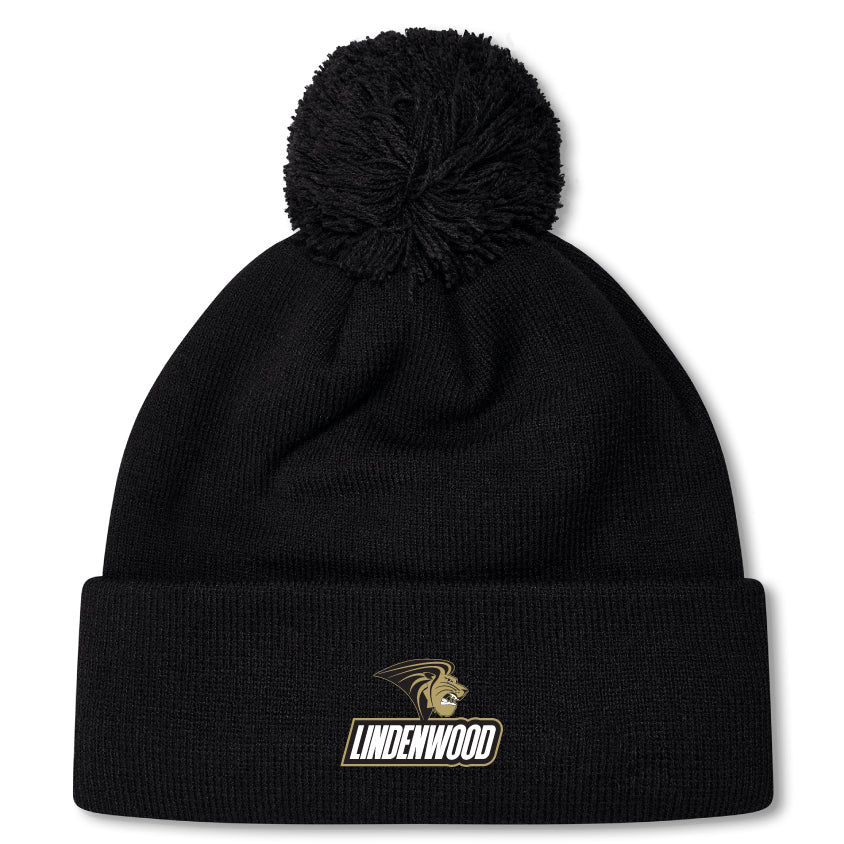 The Lindenwood University Rugby Pom Pom Beanie by EMB Canterbury features "Lindenwood" and a lion logo, with a cozy pom-pom on top. Ideal for fans, it resembles a classic Rugby Bobble Hat, offering distinctive flair and heritage charm.