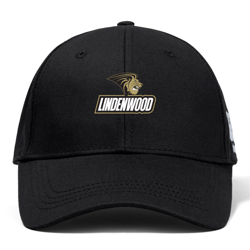 The Lindenwood University Rugby Flexfit Drill Cap by EMB Canterbury combines style and comfort with a "Lindenwood" logo featuring a gold and white lion's head.