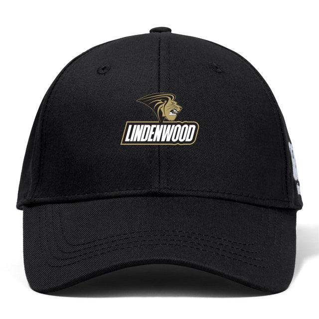 The Lindenwood University Rugby Flexfit Drill Cap by EMB Canterbury combines style and comfort with a "Lindenwood" logo featuring a gold and white lion's head.