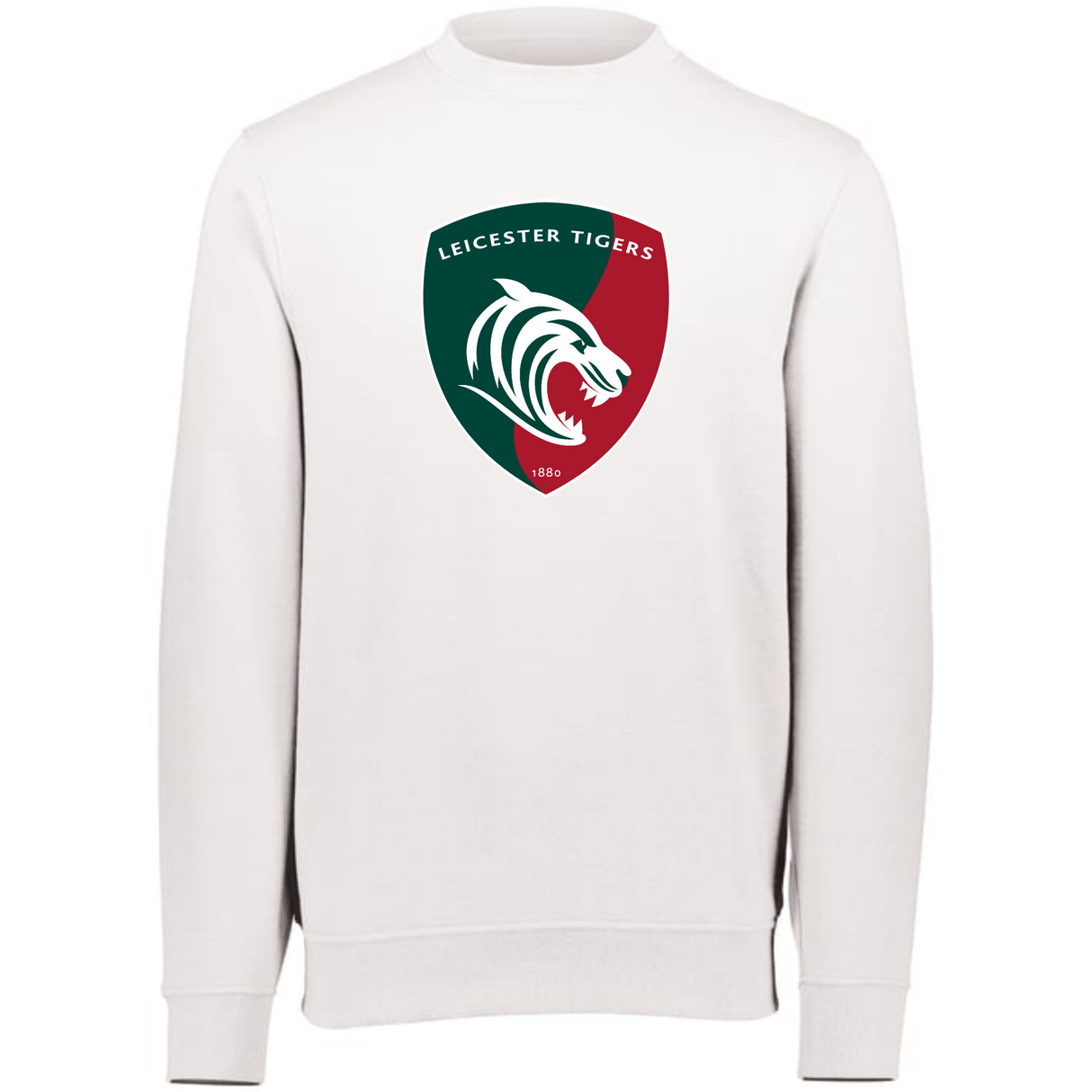 A white Leicester Tigers Fleece Crewneck Sweatshirt with WRS Augusta branding showcasing a green and red tiger from the Leicester Tigers.