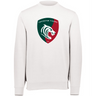 A white Leicester Tigers Fleece Crewneck Sweatshirt with WRS Augusta branding showcasing a green and red tiger from the Leicester Tigers.