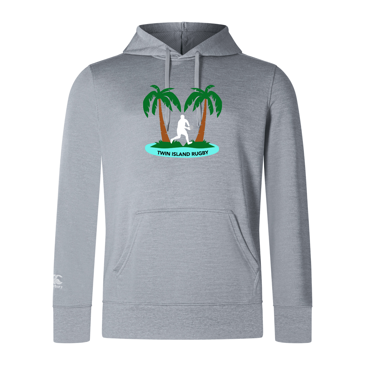 Gray Twin Island Rugby Club Lightweight Hoodie by WRS Canterbury featuring a rugby player silhouette between two palm trees on the chest.