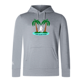 Gray Twin Island Rugby Club Lightweight Hoodie by WRS Canterbury featuring a rugby player silhouette between two palm trees on the chest.