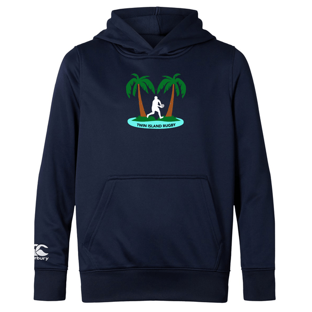 Navy blue Twin Island Rugby Club lightweight hoodie by WRS Canterbury featuring a rugby player and palm trees on the chest, Canterbury Club logo on the sleeve, and a kangaroo front pocket.