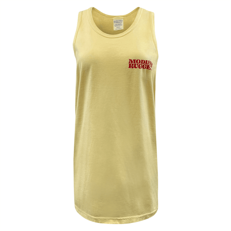 Yellow sleeveless tank top by Modish Rugger, featuring red "MODEST RUGGER" text and a subtle beer bottle graphic on the front, known as the Saturday's a Rugby Day Tank Top.