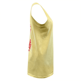 Side view of the Modish Rugger Saturday's a Rugby Day Tank Top in yellow, showcasing striking red text on the side.