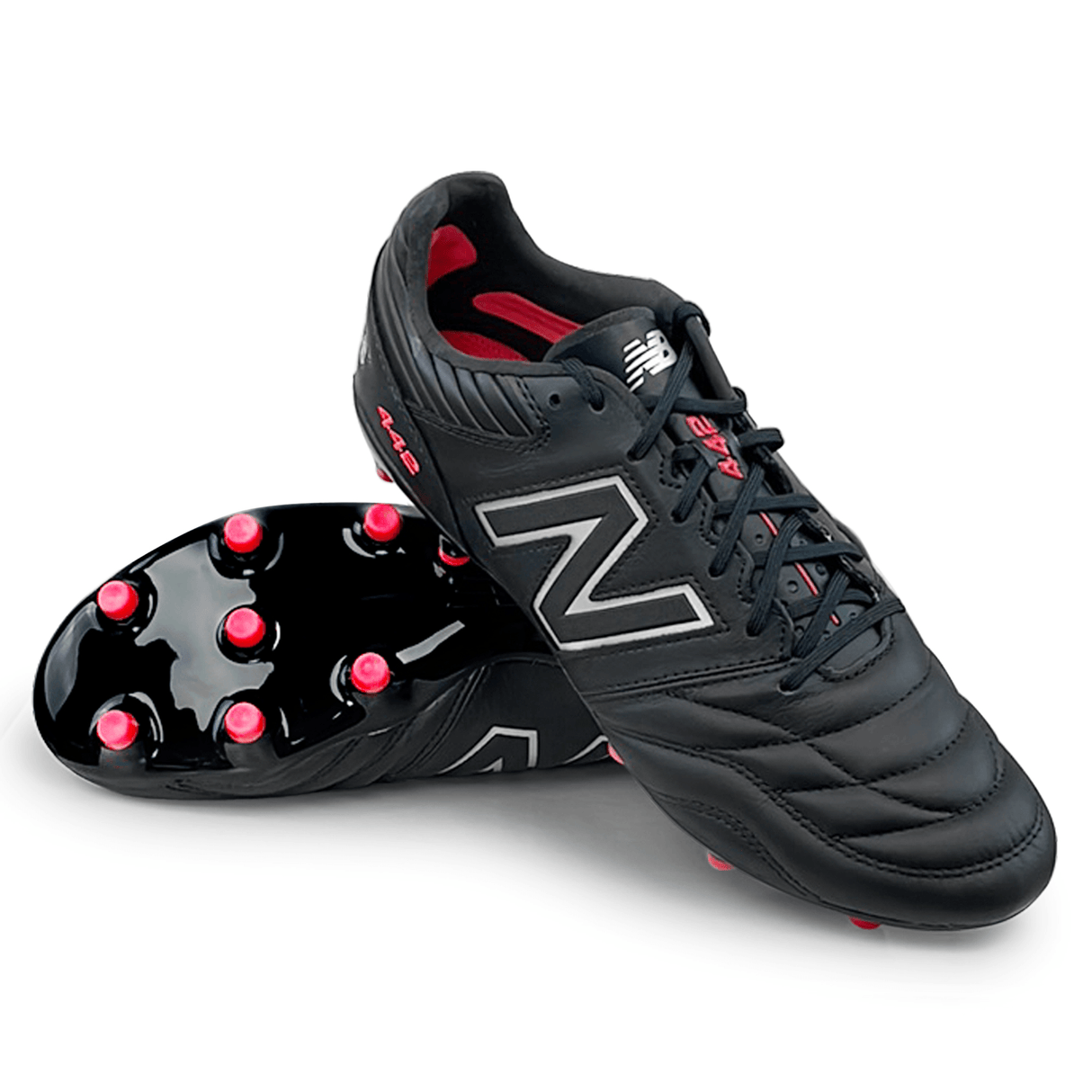 Black pair of New Balance rugby boots with quilted toe, black laces, red 442 on tongue and back heel, red studs on the sole and N logo on the side of the boot. 