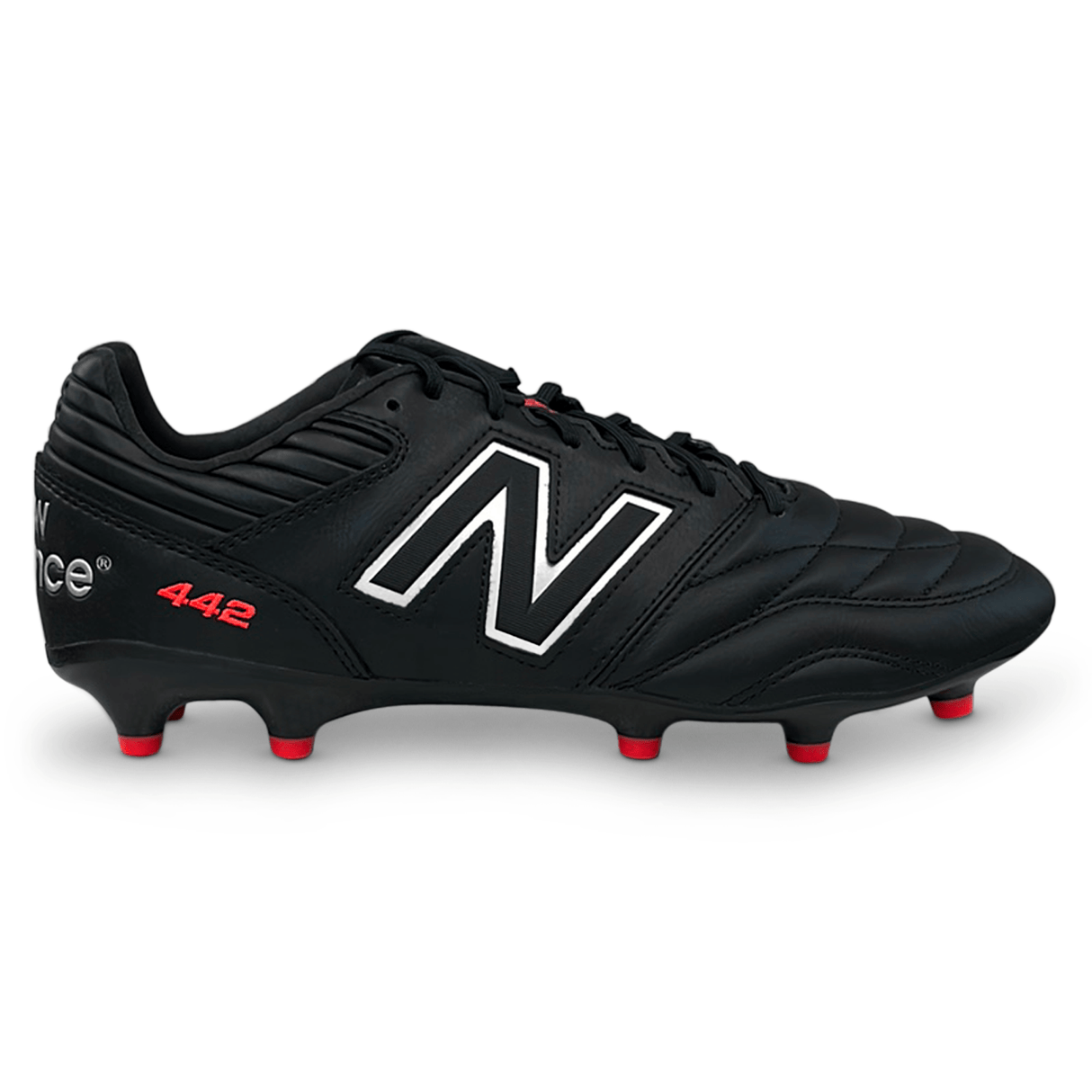 Side of black New Balance rugby boot with quilted toe, 442 on side, red studs, and N logo on the side.  