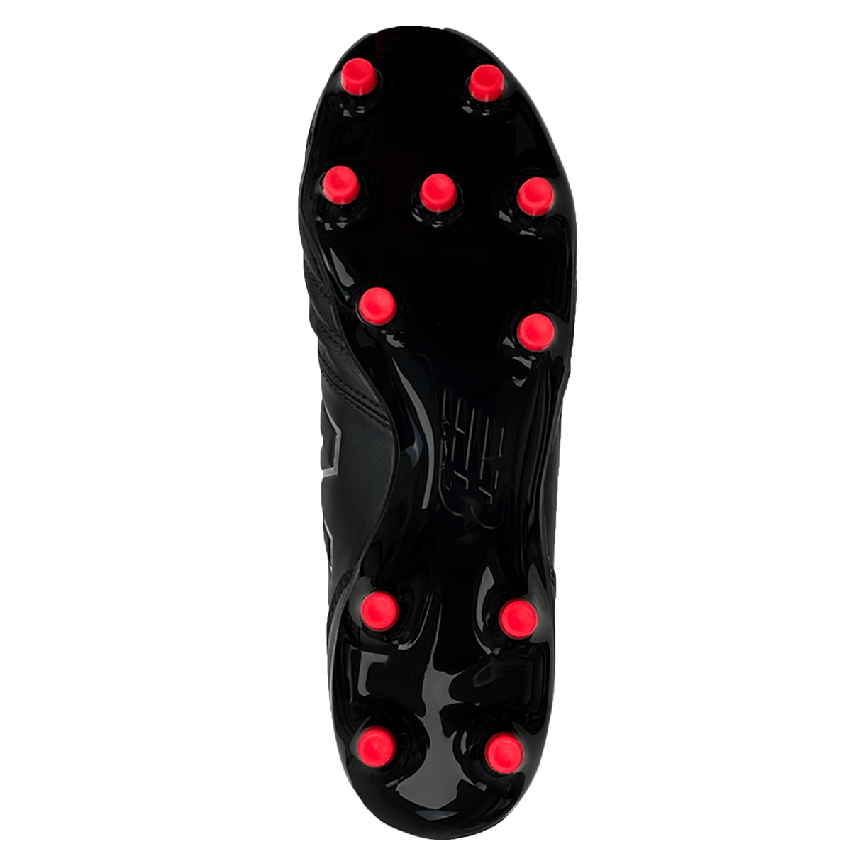 Sole of black New Balance rugby boot with red studs. 