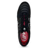 Top view of New Balance rugby boot with quilted toe, 442 on the tongue and inside foot bed and N logo on the side of the boot.  