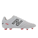 The New Balance Wide 442 V2 Pro FG cleats showcase a white athletic design with silver detailing on the sides. They feature "New Balance" branding and are expertly crafted from premium kangaroo leather upper.