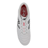 Top view of a white New Balance Wide 442 V2 Pro FG - White/Silver soccer cleat with a red insole that has "442" printed on it, displaying black logo and accents on the sides and crafted with a premium kangaroo leather upper for enhanced performance on firm ground.