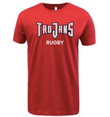 A red WRS LAT Apparel Troy University Rugby "Trojans" Supersoft Tee with white text.