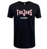 A black t-shirt featuring the Troy University Rugby "Trojans" Supersoft Tee logo, perfect for Trojans fans or rugby enthusiasts by WRS LAT Apparel.