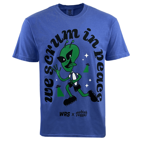 Modish Rugger Limited Edition "We Scrum in Peace" T-Shirt: A blue tee for rugby fans, featuring a green alien with a rugby ball and WRS and Modish Rugger logos.