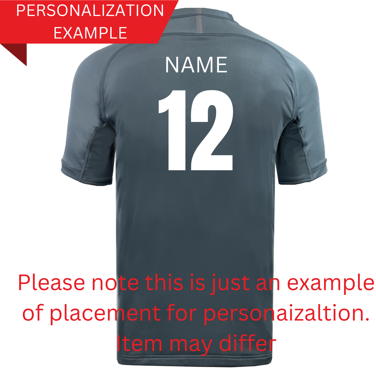 The Fiji Throwback Supersoft Tee from WRS LAT features a rear view of a jersey with the number 12 and "NAME," personalized in red text. Below, it notes that this is an example for placement; the item may differ. The tee draws inspiration from classic Fiji rugby style and vintage logos.