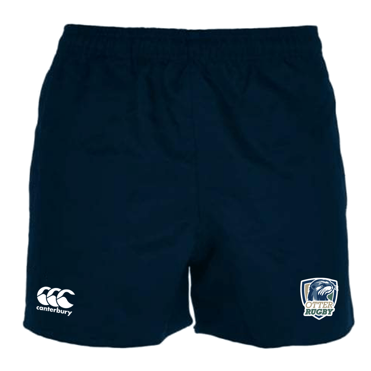 Navy blue CSU Monterey Bay Otter Rugby Professional Polyester rugby shorts with white logos for EMB Canterbury and outer rugby on the left leg, featuring an elasticated waistband.