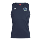 Navy blue sleeveless sports tank top featuring EMB Canterbury logo and a "CSU Monterey Bay Otter Rugby Club" emblem on the chest, designed as a EMB Canterbury Club Dry singlet.