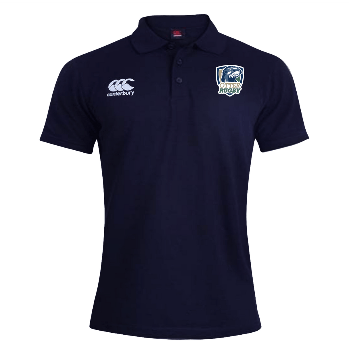 Navy blue CSU Monterey Bay Otter Rugby Waimak polo shirt by EMB Canterbury with the Fiji rugby logo embroidered on the right chest and an embroidered EMB Canterbury logo.